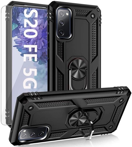 Hoesje Geschikt Voor Samsung Galaxy S20 FE Hoesje Armor case Ring houder / vinger houder TPU backcover - Zwart met 2 pack screenprotector