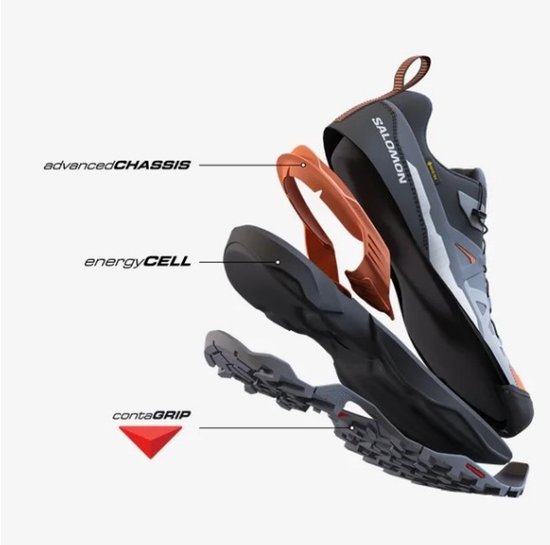 Exploded view van de Salomon X Ultra 360 GTX wandelschoen met GORE-TEX, ADVANCED CHASSIS, ENERGY CELL en CONTAGRIP technologie.