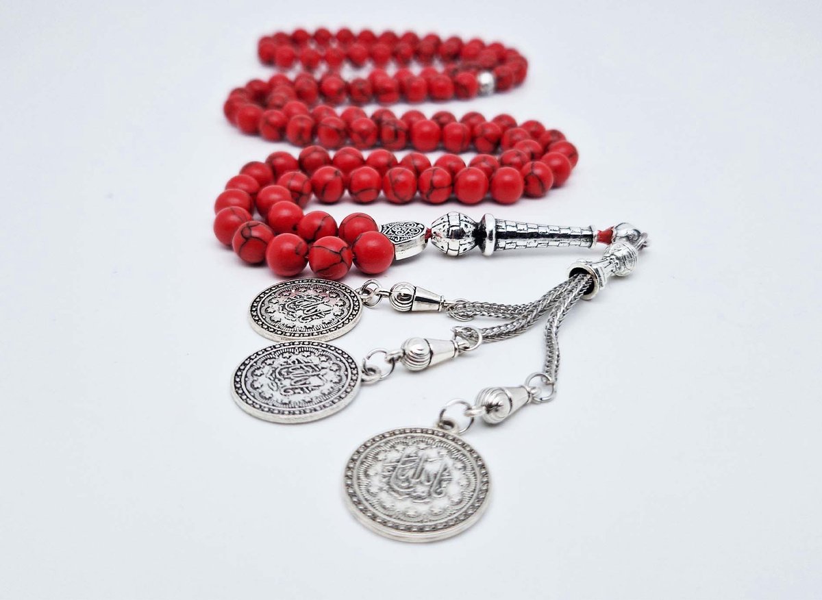 Handgemaakte tesbih "Tasbih" natuursteen "Rode howliet" - Aantal kralen 99 - Diameter kralen 8MM - met metaal tassel "Masha' allah-1" - Een mooi cadeau-idee