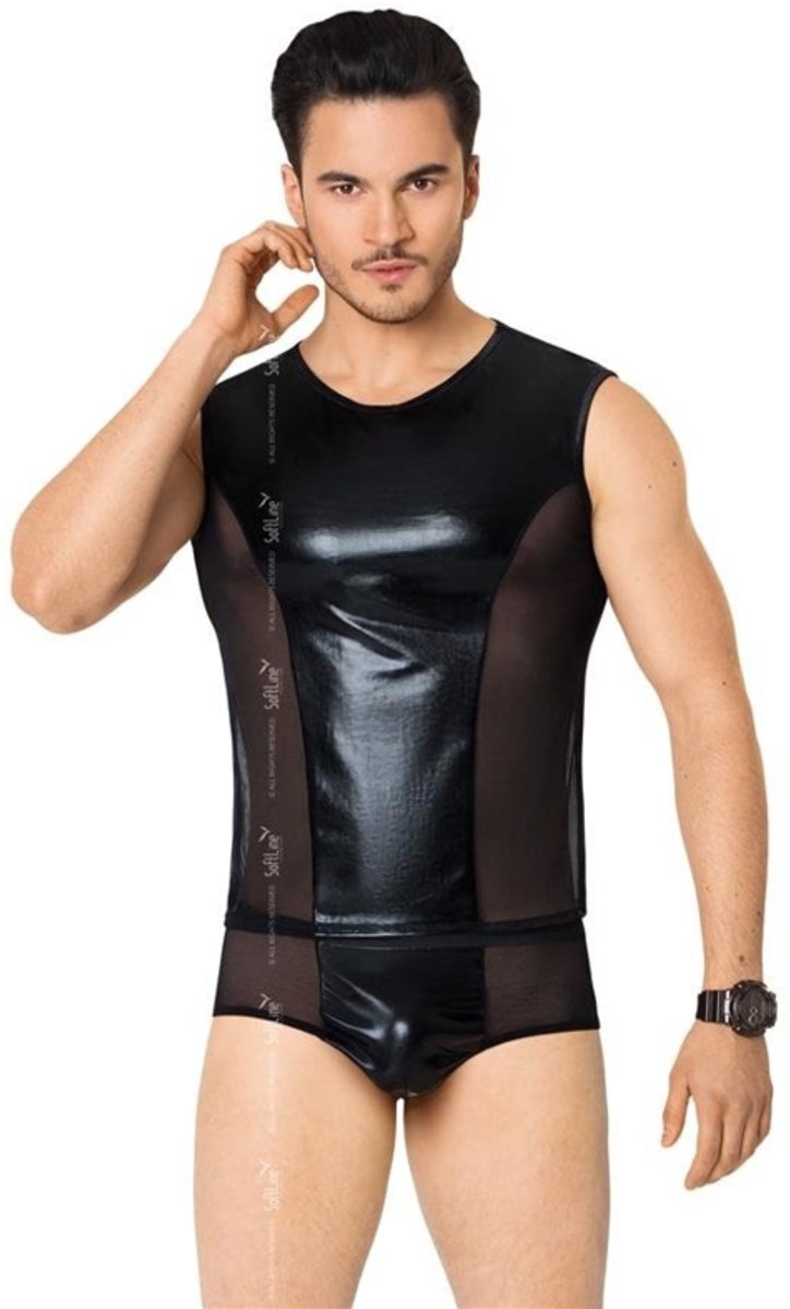 Goedkoopste Wetlook heren shirt en slip met netstof details zwart M/L