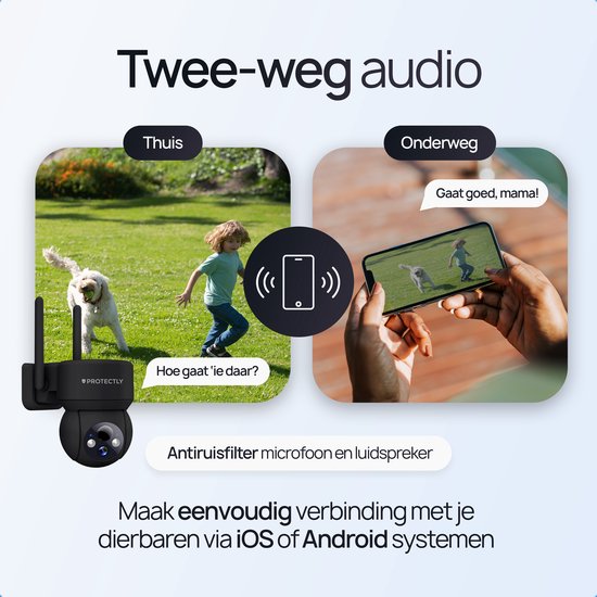 Zwarte Protectly beveiligingscamera met tweeweg audio. Thuis en onderweg communiceren via iOS of Android.