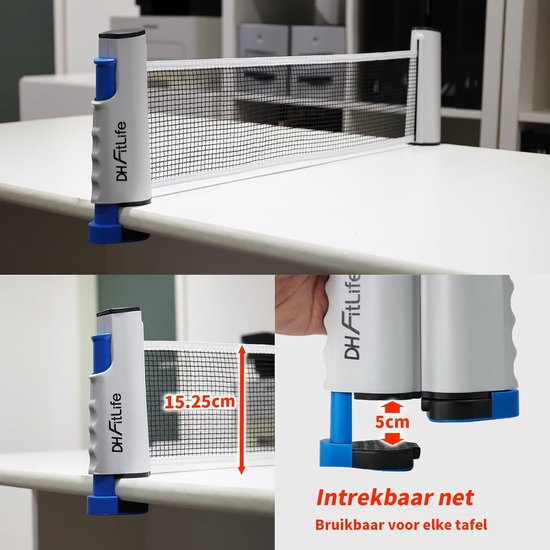 Uittrekbaar tafeltennisnet in grijs en blauw, 15,25 cm hoog. Het net klem je op elke tafel.