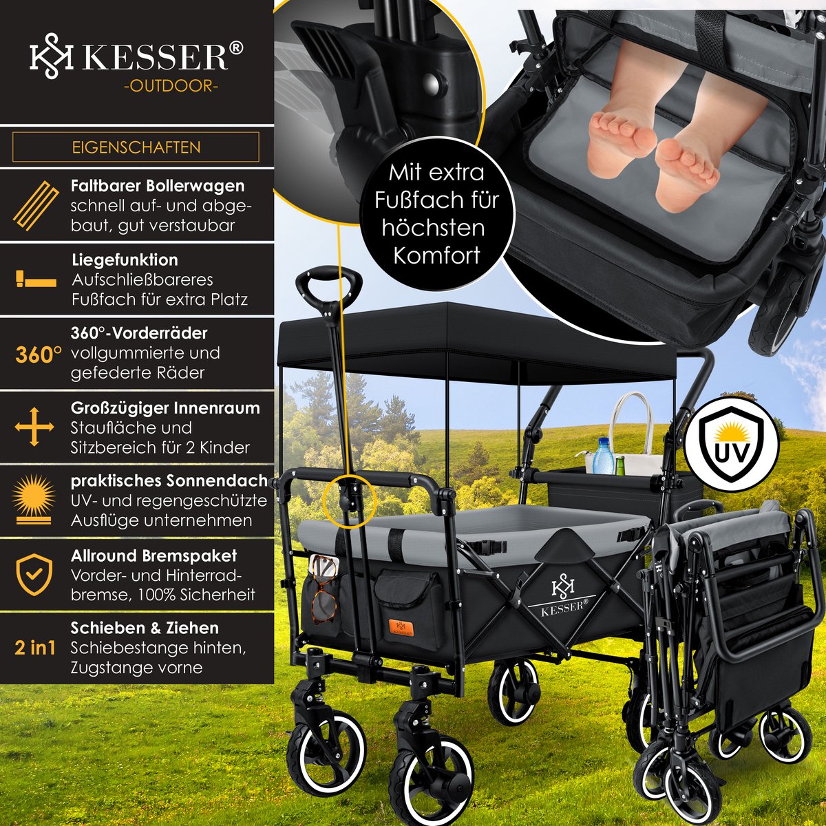 KESSER® Bolderkar opvouwbaar met dak, handwagen, transportwagen, gereedschapswagen incl. 2 netvakken & buitentas, met voorwielrem, inklapbaar massief rubberen, banden tot 100 kg, draagkracht, Bruin KESSER® Bolderkar opvouwbaar met dak, handwagen, transportwagen, gereedschapswagen incl. 2 netvakken & buitentas, met voorwielrem, inklapbaar massief rubberen, banden tot 100 kg, draagkracht, Bruin