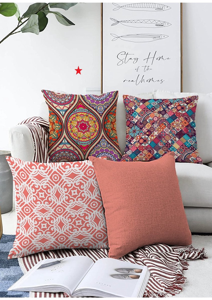 Sierkussens set van 4 stuks - INCLUSIEF BINNENKUSSENS 45x45 cm - marokkaans mozaik - blauw - oranje - rood - bruin - dubbelzijdig bedrukt - kussensloop - kussens woonkamer - kussenhoes