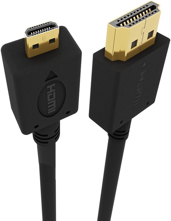 Zwarte kabel met gouden DisplayPort en Micro HDMI stekkers, close-up.