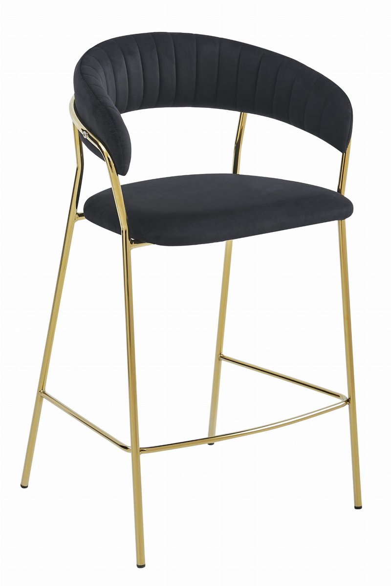 LEOBERT Barkruk BADIA - Zwart - Velvet Bekleding - Gouden Metalen Poten - Stijlvol en Comfortabel, Max. 120 kg