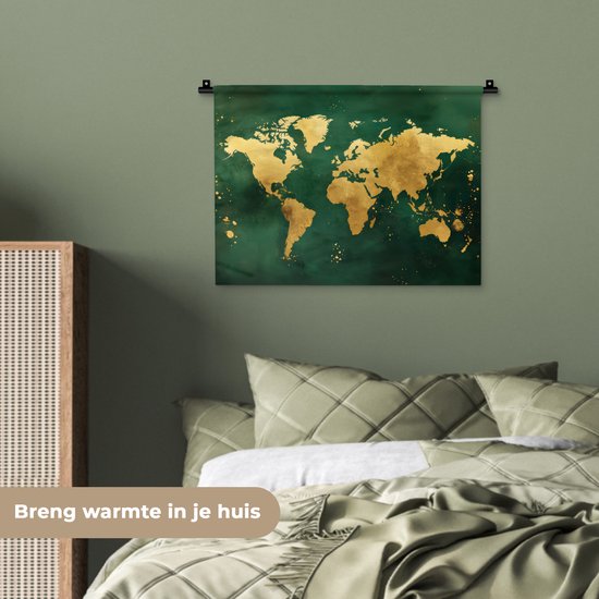 Wandkleed 60x45 cm - Wanddoek Wereldkaart - Groen - Goud - Wandtapijt - Wandkleden
