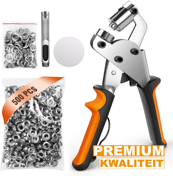 Grommettang met oranje handvatten, een bakje met 500 zilveren ringen en een perforator.