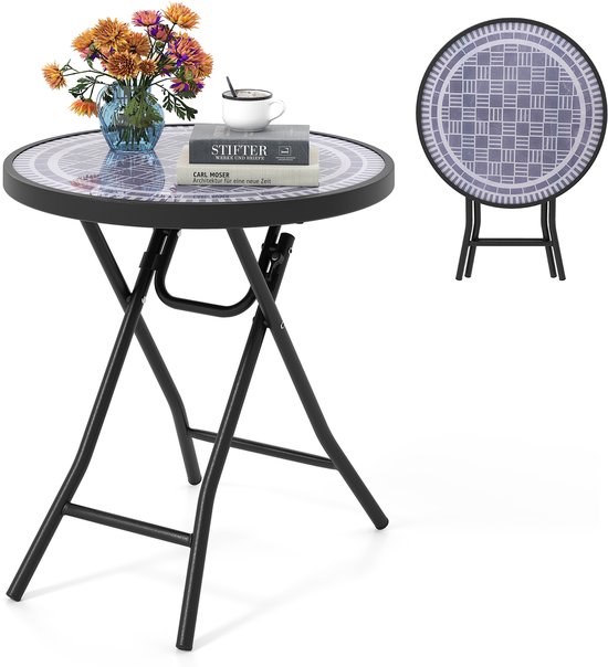 Draagbare Klaptafel COSTWAY Inklapbare Bijzettafel – Ronde Glazen Tuintafel Voor Balkon En Terras – 46x46x47 Cm Inklapbare Bijzettafel Rond