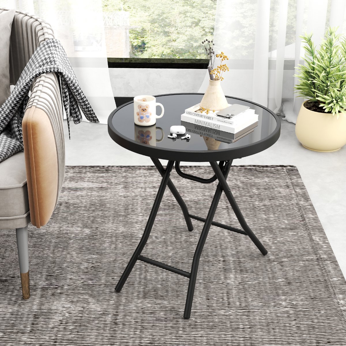 Outsunny Klapbare Tuintafel 60 X 71 Cm, Weerbestendige Balkontafel Van Staal Ronde Bijzettafel Met Voetpads Zwart~1trj5h1sppo00