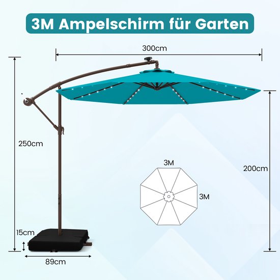 COSTWAY Parasol met zandzakken en ledverlichting, zweefparasol met zwengel, tuinscherm, uv-bescherming, marktparasol, terrasparasol voor tuin, zwembad, terras (turquoise