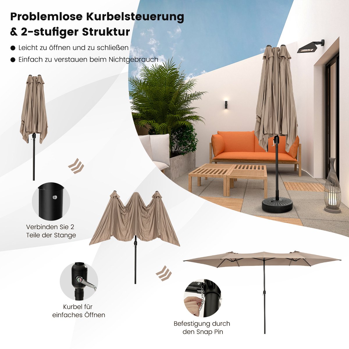 COSTWAY Dubbele parasol van 426 x 265 cm, Parasolvoet Niet Inbegrepen, XXL, rechthoekig, met handslinger, uv-bescherming, geschikt voor tuin, terras en zwembad, lichtbeige