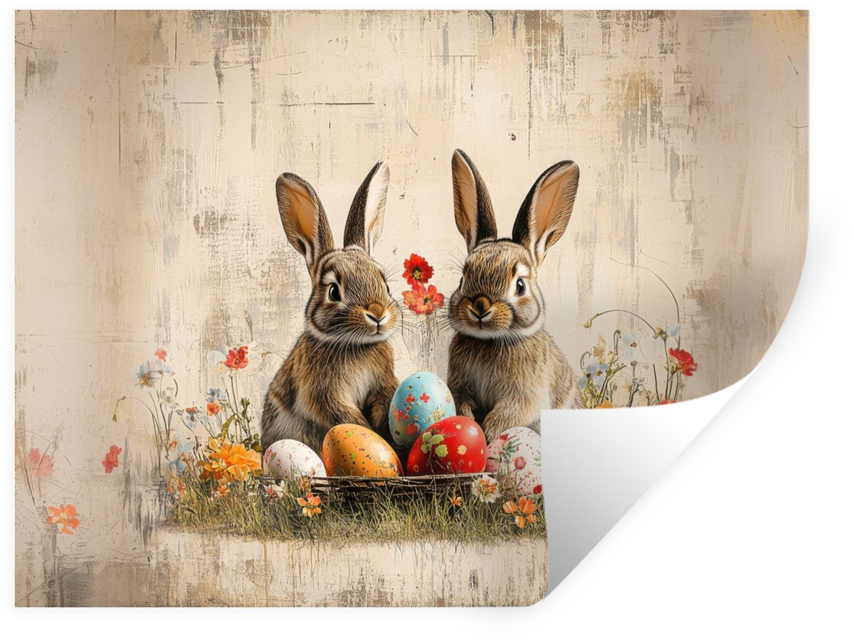 Muurstickers - Sticker Folie - Konijnen - Bloemen - Eieren - 120x90 cm - Plakfolie - Muurs