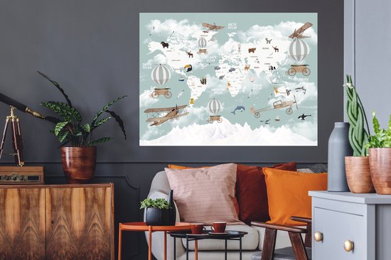 Muurstickers - Sticker Folie - Wereldkaart - Kind - Vliegtuig - 120x90 cm - Plakfolie - Muurstickers Kinderkamer - Zelfklevend Behang - Zelfklevend behangpapier - Stickerfolie
