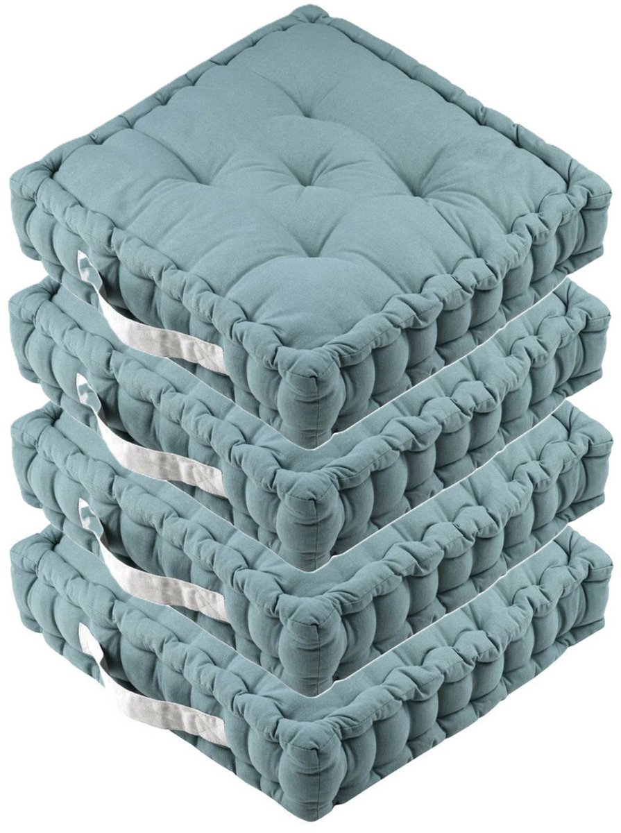 Stof Textile Vloerkussen DUO - 4x - lichtblauw - katoen - 45 x 45 x 10 cm - vierkant - Extra dik - extra zitplaatsen - spelen - gamen - relaxen