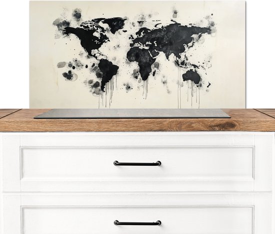 Spatscherm keuken 90x45 cm - Kookplaat achterwand Wereldkaart - Zwart - Inkt - Muurbeschermer - Spatwand fornuis - Hoogwaardig aluminium
