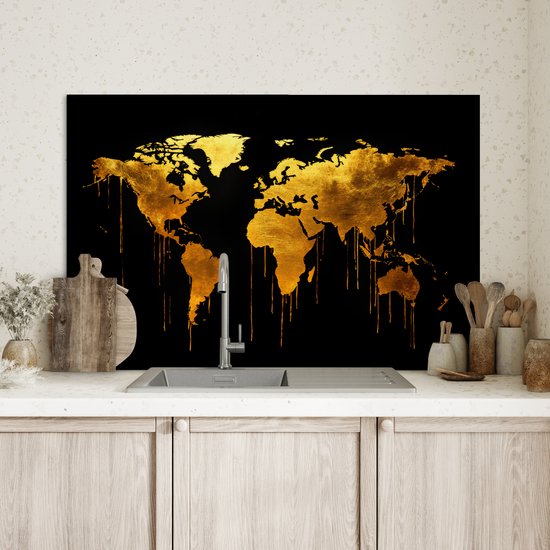 Crédence de Cuisinière en Aluminium 90x60 cm - Carte du monde - or - goutte à goutte - noir - Écran Pare-éclaboussures pour Plaque de Cuisson - Protection Murale