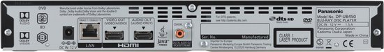 Achterpaneel van Panasonic DP-UB450 Blu-ray speler, met diverse aansluitingen (HDMI, LAN, Audio) en informatie.