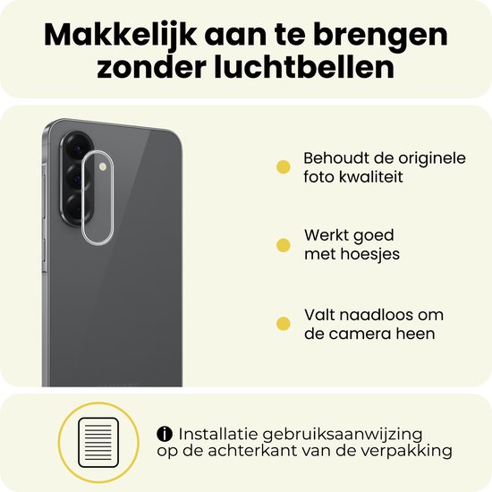 Makkelijk aan te brengen glazen cameraprotector, behoudt originele foto kwaliteit, werkt met hoesjes.