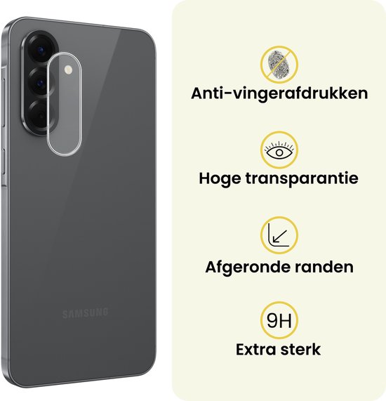 Glazen cameraprotector voor Samsung A36, anti-vingerafdruk, hoge transparantie, afgeronde randen, extra sterk.