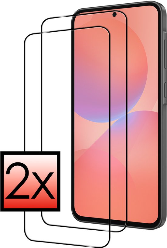 Twee screenprotectors voor een smartphone met een roze/paarse achtergrond. 2x aanduiding in een zwart kader.
