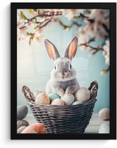 Poster in lijst - Fotolijst 30x40 cm - Posters - Konijn - Eieren - Mand - Posterlijst zwart - Decoratie - Wanddecoratie woonkamer - Muurdecoratie slaapkamer