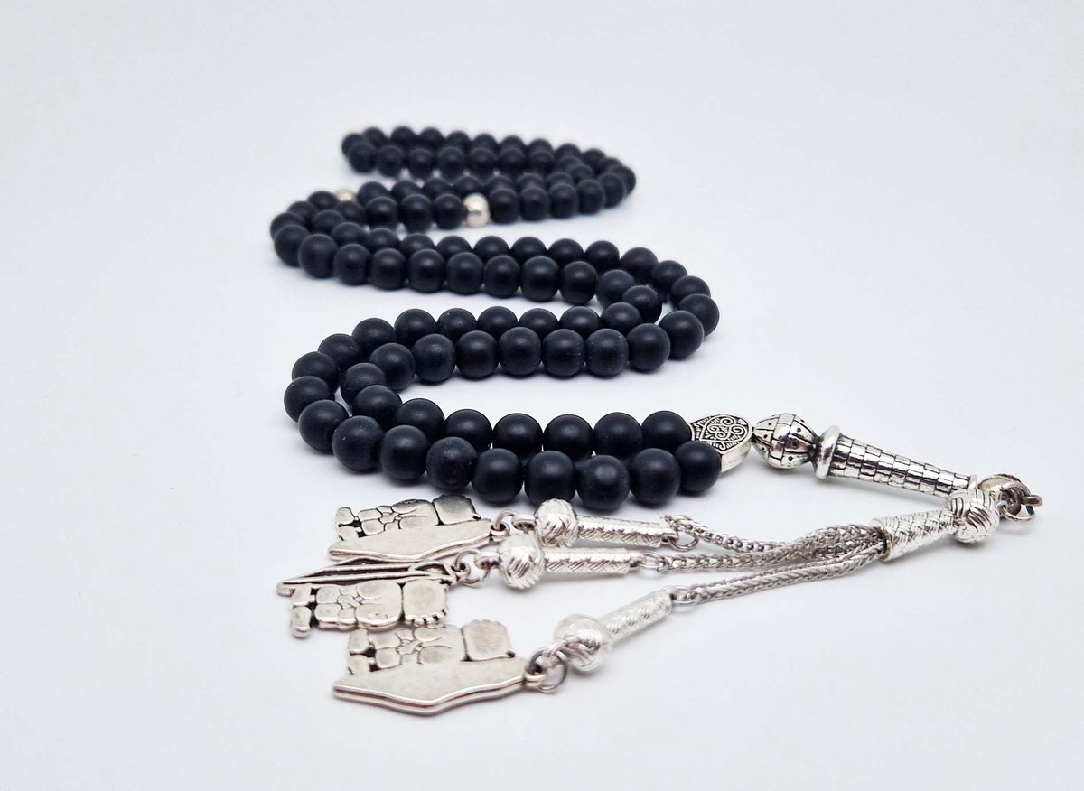 Handgemaakte tesbih "Tasbih" natuursteen "Mat zwart onyx" - Aantal kralen 99 - Diameter kralen 8MM - met metaal tassel "Hanzala" - Een mooi cadeau-idee