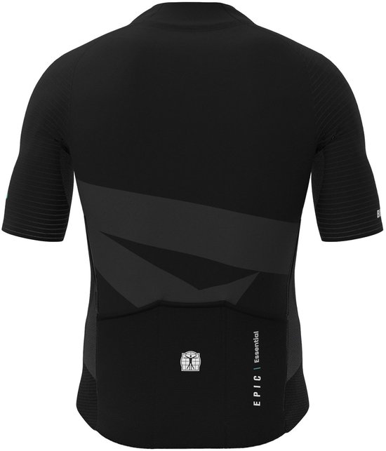 Dos d'un maillot de cyclisme noir avec des motifs géométriques dans le dos et l'inscription 'EPIC | Essential'.