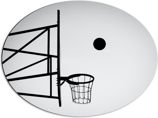 Dibond Ovaal - Bal Vallend in Basket (Zwart-wit) - 68x51 cm Foto op Ovaal (Met Ophangsysteem)