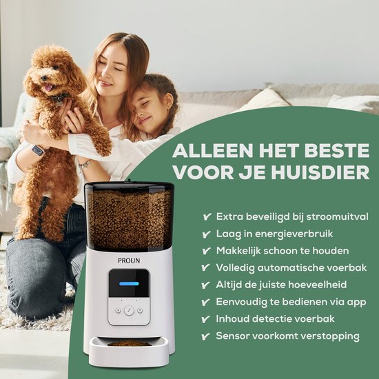 Proun Pet Voerautomaat - Dispenser voor Kat en Hond - Inhoud 6 Liter - met Smartphone besturing - Wit - Voerbak - Proun