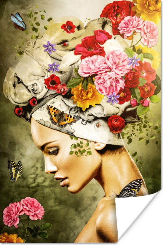 Poster Vrouw - Bloemen - Kleuren - Vlinders - Rozen - Hoofddoek - 60x90 cm