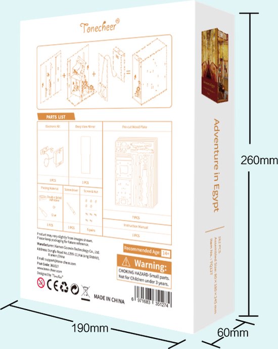 Achterkant van de doos van de 'Adventure in Egypt' 3D-puzzel, met onderdelenlijst en waarschuwing.