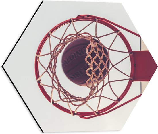 Dibond Hexagon - Basket door Basketbal Heen - 40x34.8 cm Foto op Hexagon (Met Ophangsysteem)