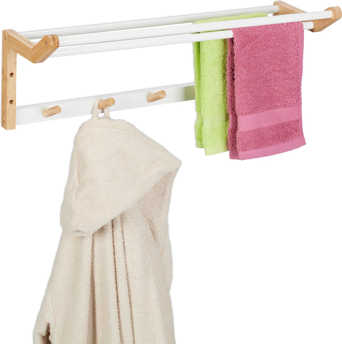 Relaxdays handdoekrek muur - bamboe handdoekhouder met haakjes - handdoekstang badkamer