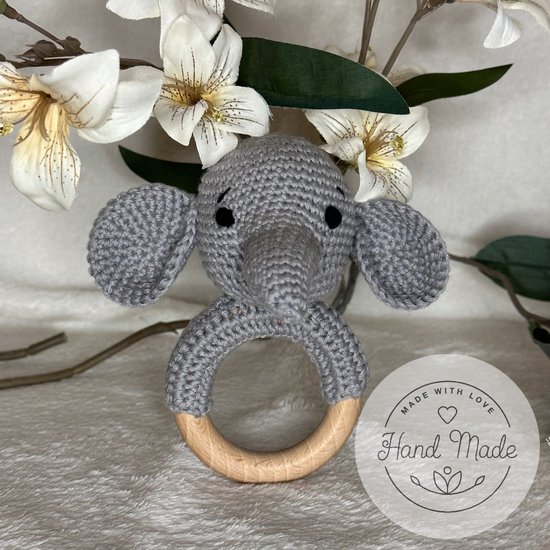 Baby Geboorte Set - Baby Speelgoed - New Born Set - Geschenk Set - Kraamcadeau - Babyshower - Gender Reveal Party - Bijtring - Handgemaakt - Natuurlijke Materialen - Speenkoord - Grijze Olifant — afbeelding 3