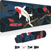 Gaming muismat XXL 800 x 300 mm, Japanse koi-kunst en zwart, groot, genaaide randen, waterdicht, anti-slip, voor pc, MacBook, laptop