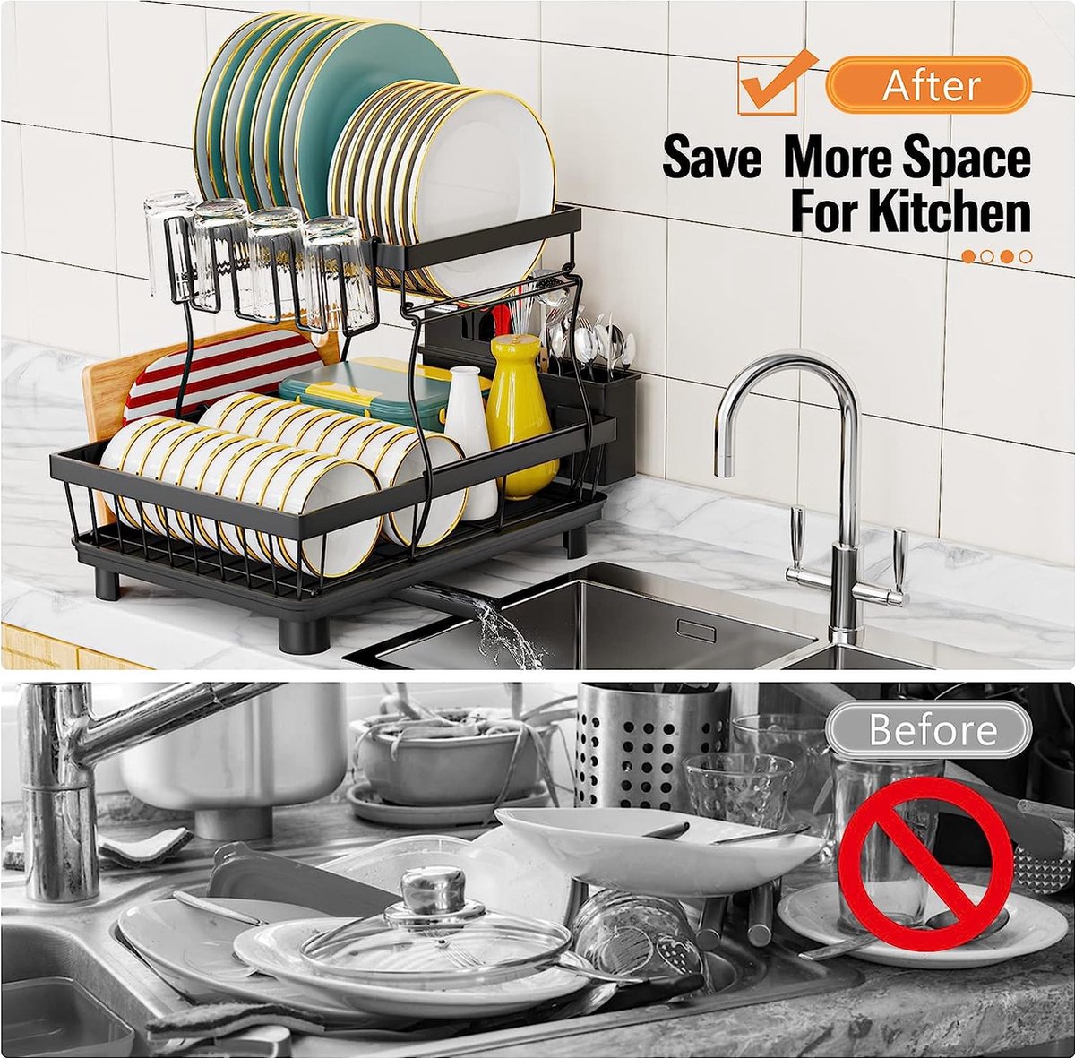 Goedkoopste Dubbellaags afdruiprek, met drainageplaat en 360° draaibaar mondstuk, afneembaar afdruiprek met bestek- en bekerhouder, zwart