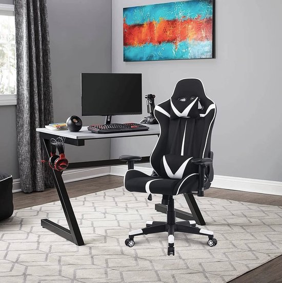Chaise Happyment Gaming Sheffield - Tissu - Avec dossier et accoudoir - Réglable en hauteur - Ergonomique - Wit/ Zwart