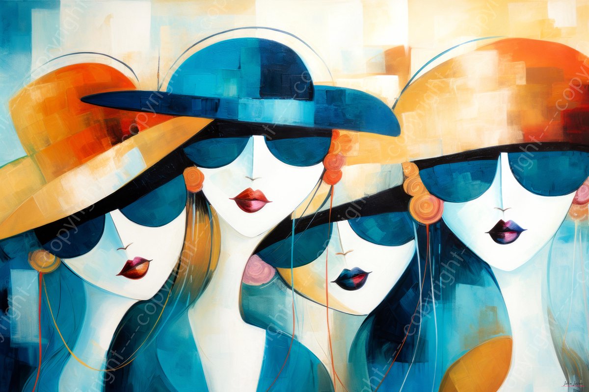John Joseb Art (Glas) 120x80 | 4 Vrouwen met hoed en zonnebril, modern surrealisme, Picasso stijl, abstract, rood, blauw, oranje, wit, kunst | kleurrijk, stijlvol, modern | Foto-schilderij-glasschilderij-acrylglas-acrylaat-wanddecoratie