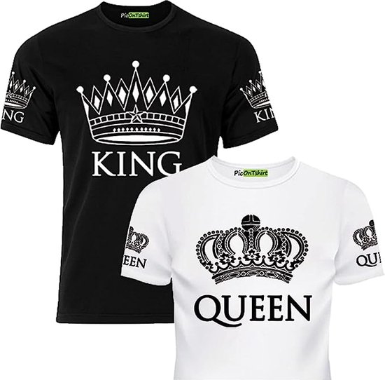 PicOnTshirt - Teetalks Series - T-Shirt Dames - T-Shirt Heren - T-Shirt Met Print - Couple T-Shirt Met King and Queen Print - 2 Pack - Zwart - Heren M/Dames XS