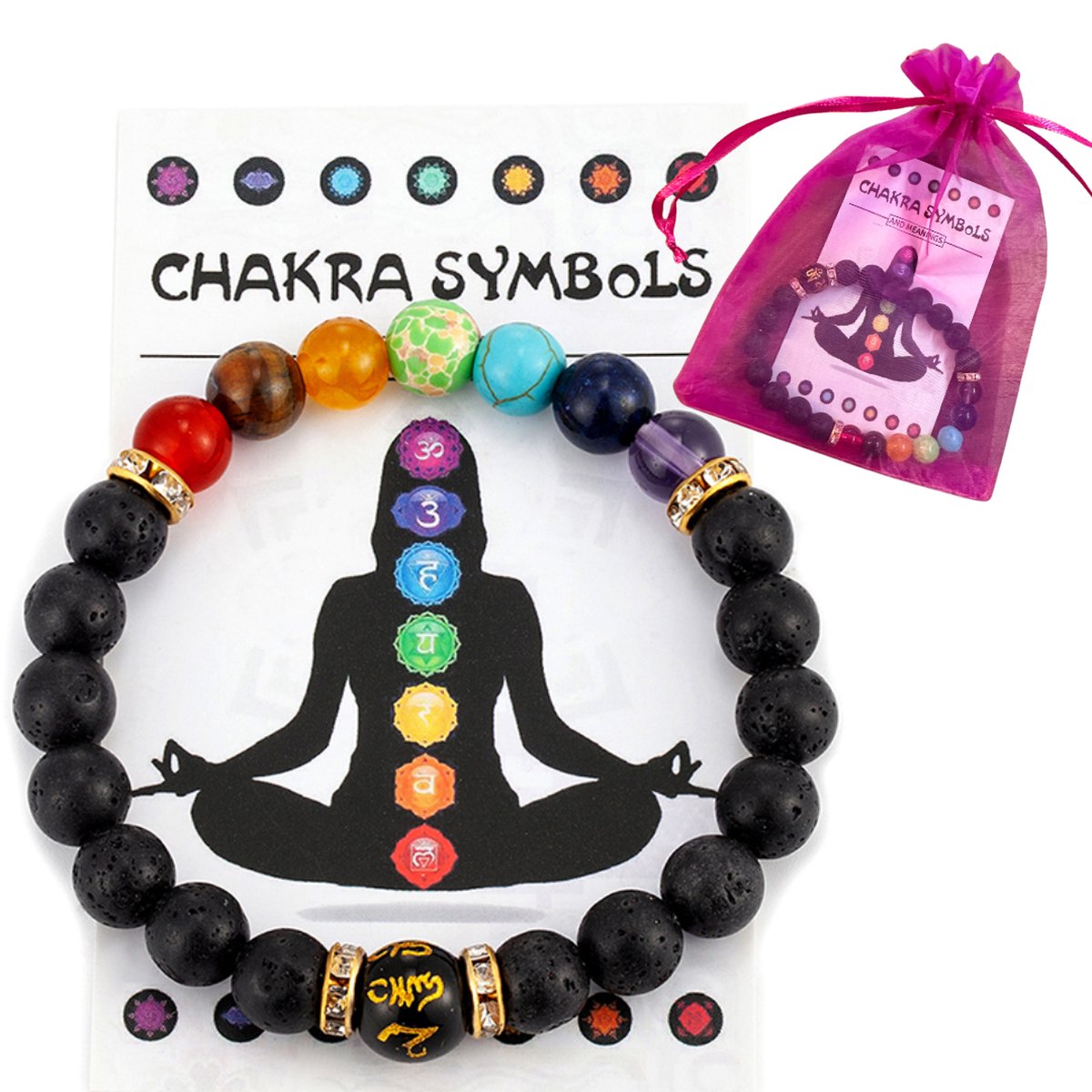 Lava armband met 7 gekleurde stenen en strass spacers - 19CM - 7 Chakra's stretch armbandje