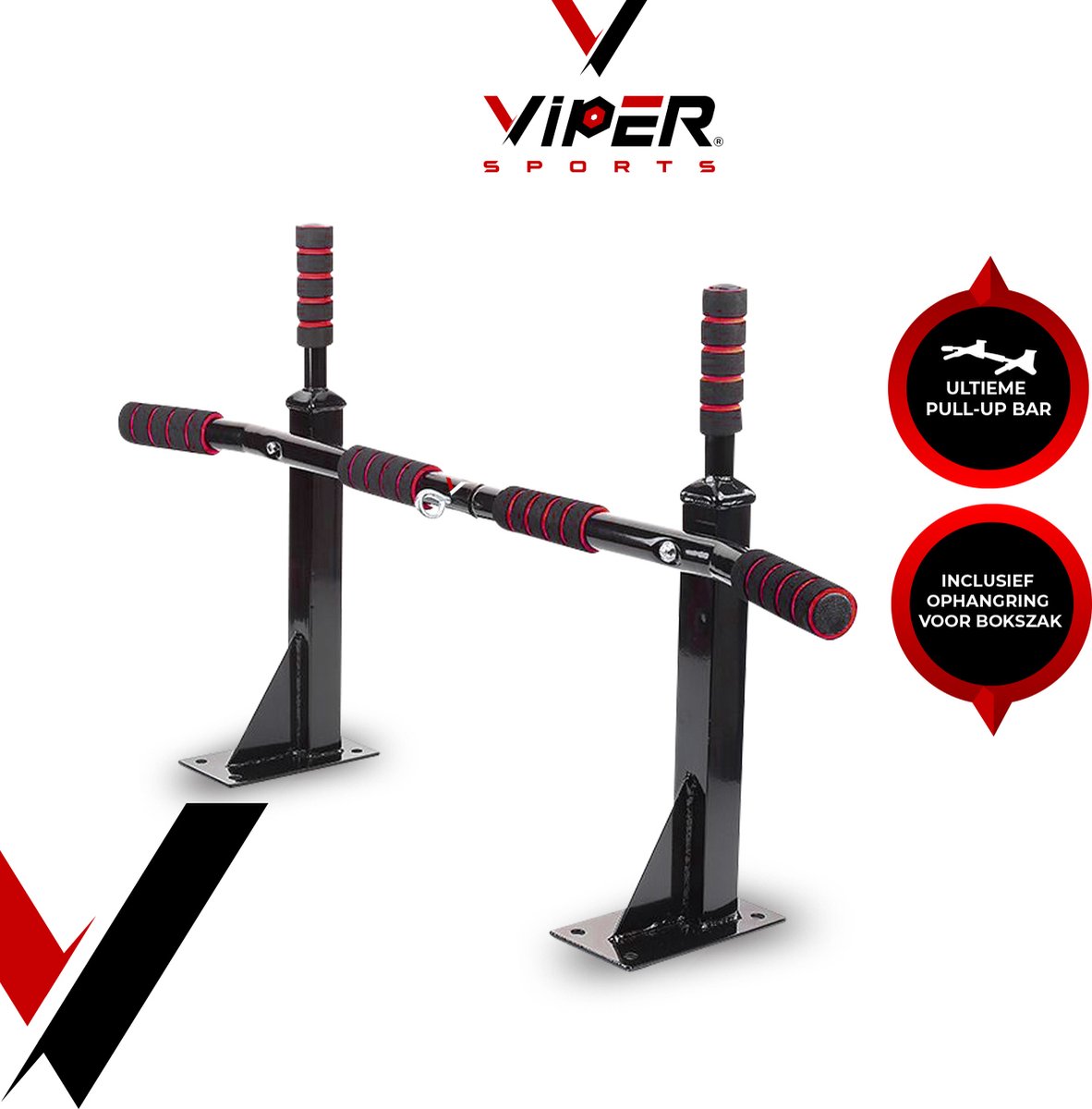 Viper Sports Pull up Bar – Optrekstang met ring – Met bevestigings ring voor bokszak - Antislip - L92xB50xH8 cm – Zwart/Rood