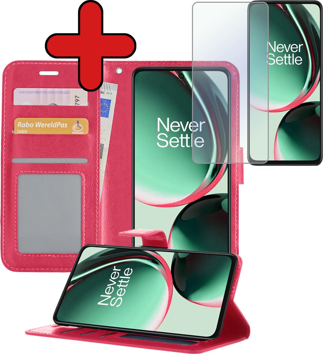 Hoesje - Met Screenprotector - Geschikt voor OnePlus Nord CE 3 Lite - Luxe Pasjeshouder - Flipcase - Bookcase Portemonee - Flip Case - Kunstleer Book Case - Book Cover - Walletcase - Portemonneehoes - Telefoonhoes - Donkerroze