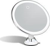 Cosmetische spiegel met dimbaar LED-licht, 10x vergroting, USB of batterij, sterke zuignap, 20 cm brede make-up vergrootspiegel met antiverblindingsverlichting (oplaadbaar)