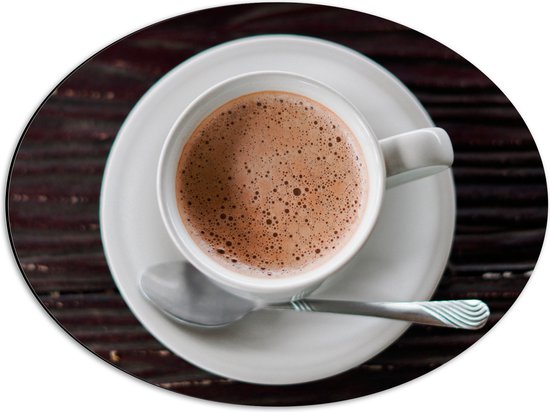 Dibond Ovaal - Bovenaanzicht van Kop Koffie - 56x42 cm Foto op Ovaal (Met Ophangsysteem)