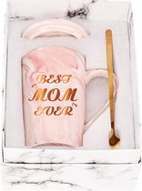 Tasse Best Mom Cadeaux d'anniversaire pour maman Tasses à café amusantes pour maman Cadeaux de fête des mères Best Mom Ever Tasse à thé en marbre en céramique de 400 ml avec couvercle, cuillère dorée et boîte-cadeau