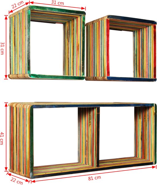 Ensemble d'étagères murales The Living Store - Bois de teck recyclé - Multicolore - 81 x 22 x 41 cm et 31 x 22 x 31 cm - Comprend 3 étagères et 3 supports de montage