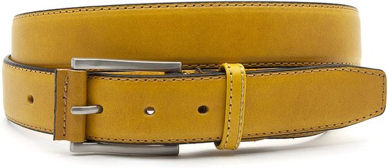 JV Belts Kerrie gele broekriem - heren en dames riem - 3.5 cm breed - Kerriegeel - Echt Leer - Taille: 105cm - Totale lengte riem: 120cm