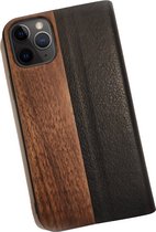 Houten design flip case, iPhone 11 pro – Noten met zwart leer