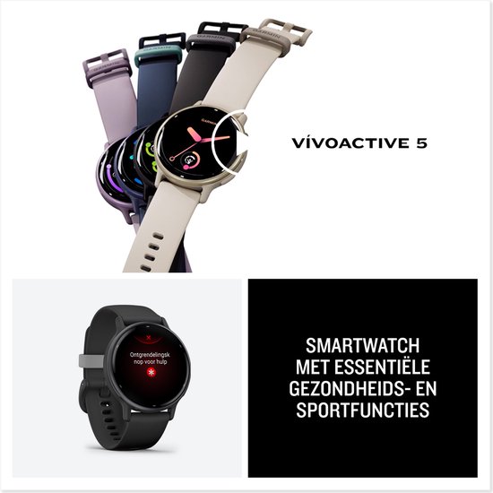 Verschillende Garmin Vivoactive 5 horloges in kleuren, en een zwart horloge met noodoproepscherm.